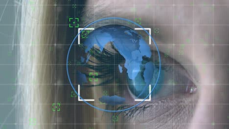 Blaues-Auge-Einer-Frau-Und-Ein-Globus-Mit-Quadratischen-Mustern