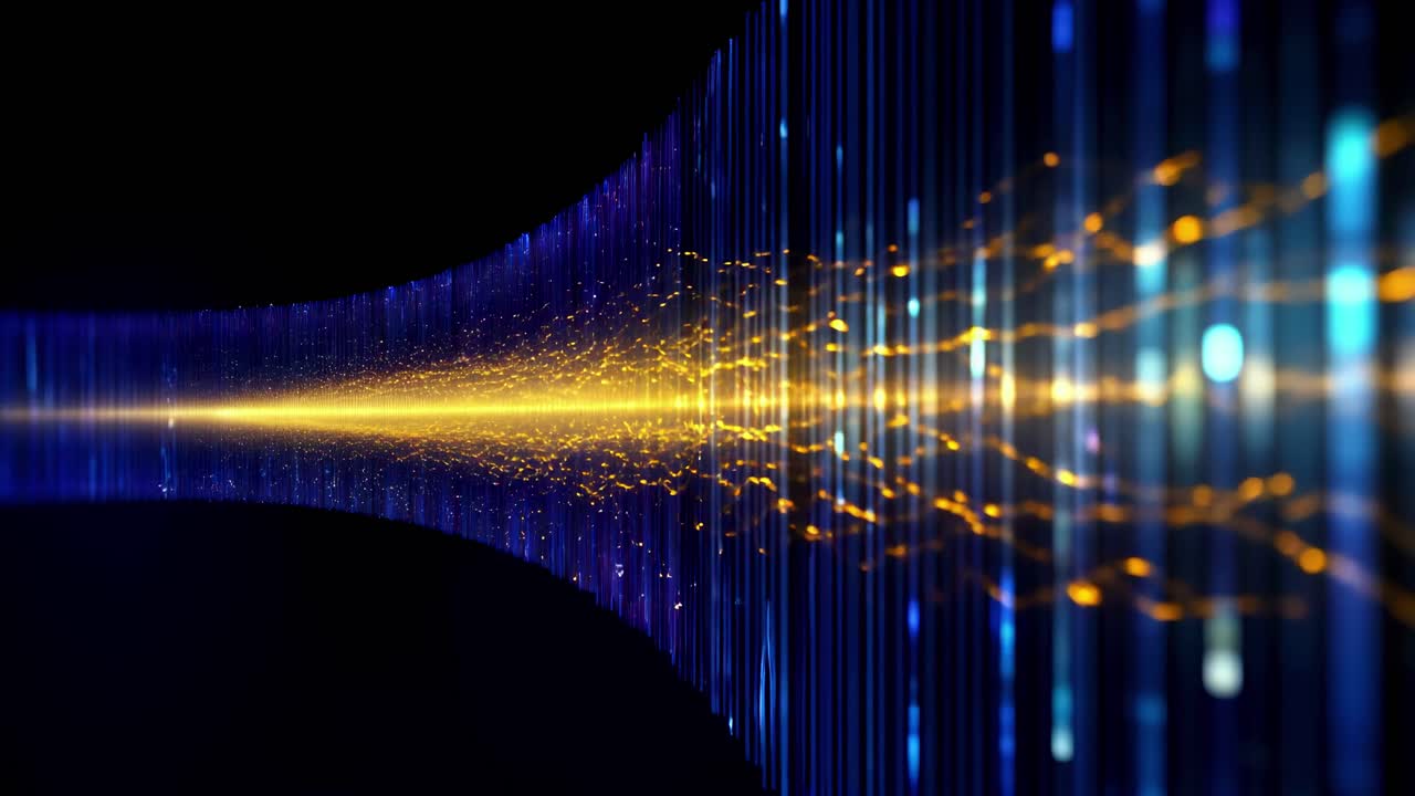 Dynamic abstract video concept with a futuristic tunnel of blue and gold light streaks