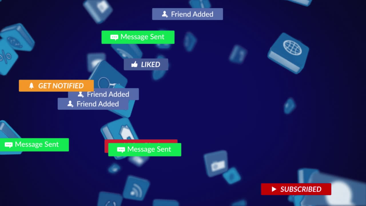 Animation of social media text on banners with digital icons over blue background
