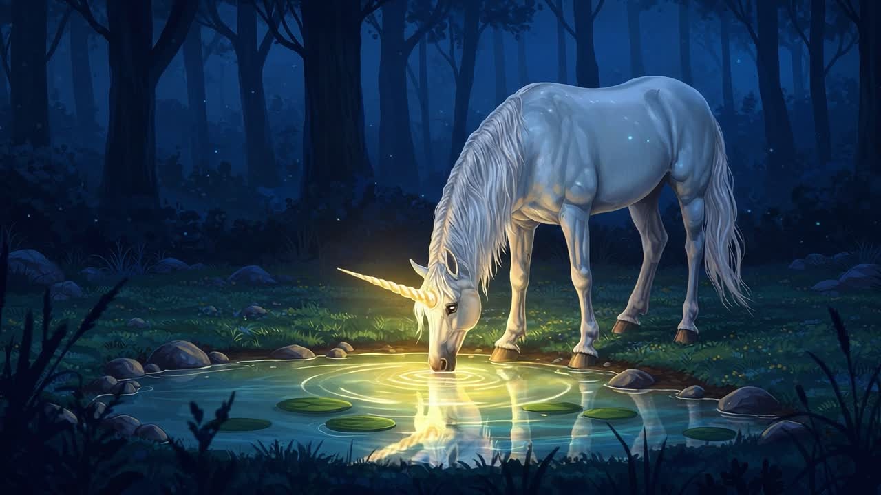 A Majestic Unicorn Illuminated by Moonlight Stands Beside a Serene Pond, Captivated by Its Own Reflection in a Magical Forest Setting