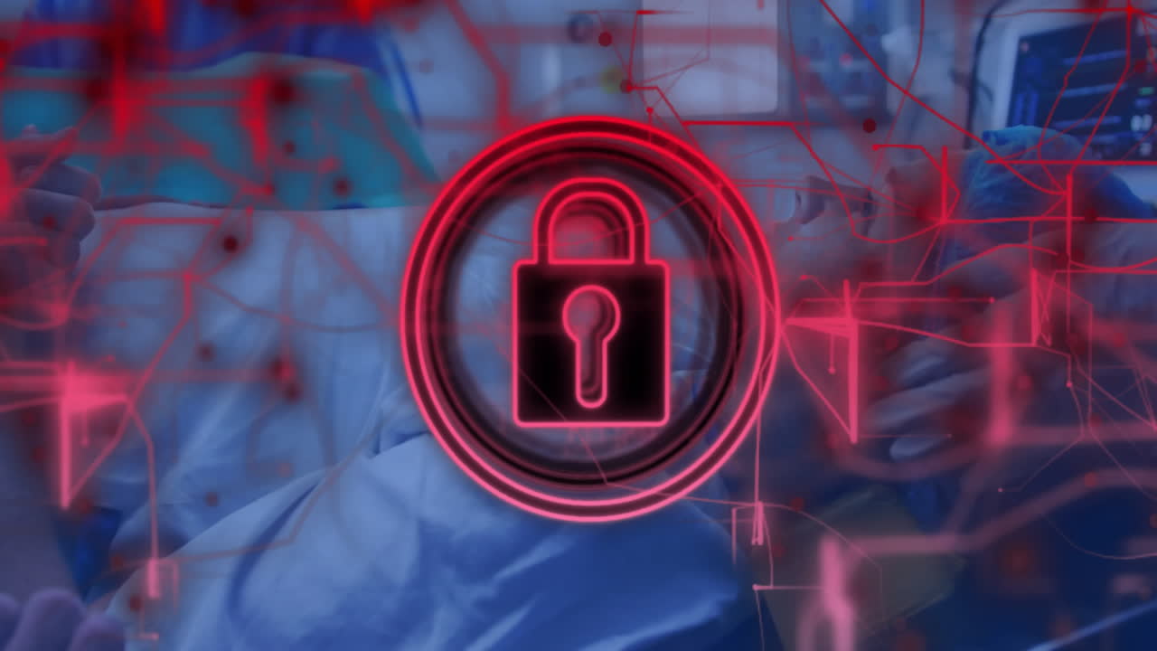 Red lock icon on animation over digital network with blurred background