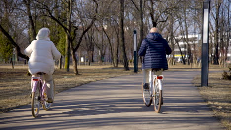 Rear-view-of-a-senior-couple-riding-bikes-in-the-park-on-a-winter-day