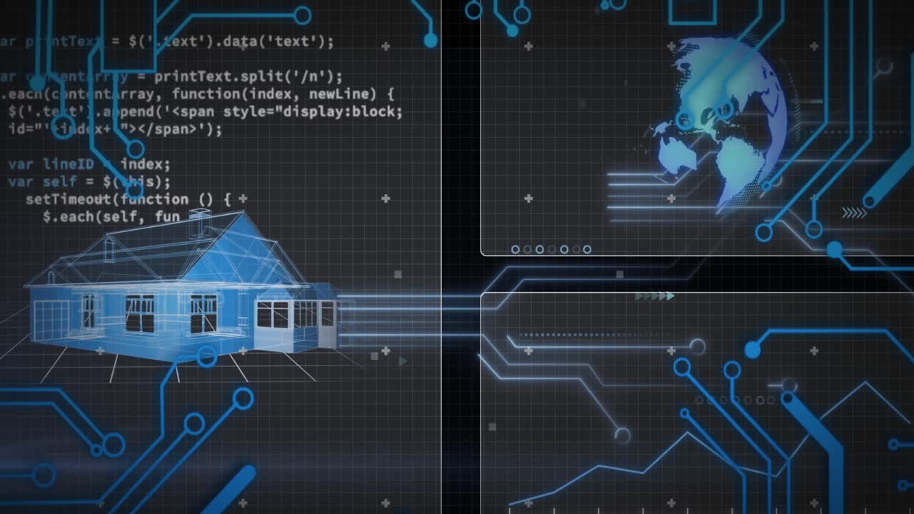 animación del procesamiento de datos sobre el modelo de casa y el globo terrestre sobre fondo negro.