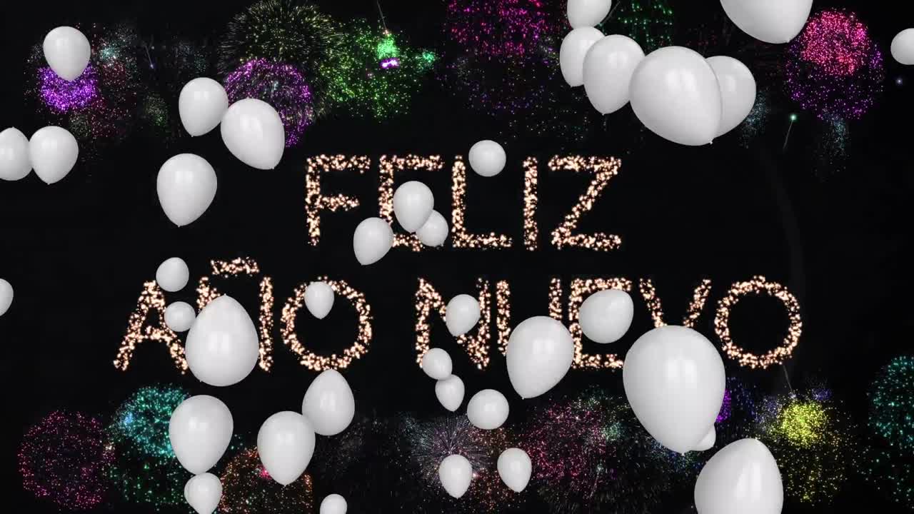 animación de texto de feliz año nuevo con globos blancos y fuegos artificiales sobre fondo negro