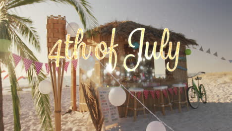 independence day text and spots of light against view of wooden beach bar
