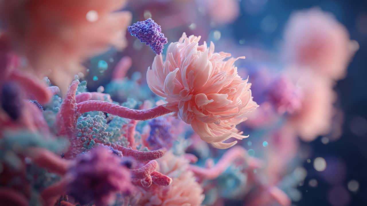 Splendida immagine ravvicinata di fiori colorati ed eterei circondati da intricate strutture e texture organiche in un ambiente astratto e onirico
