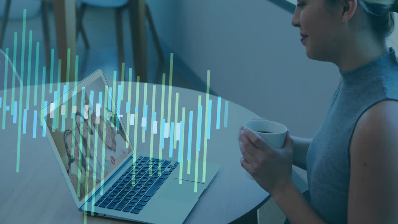 woman holding coffee mug connecting with man and girl on laptop, displaying technology bar charts