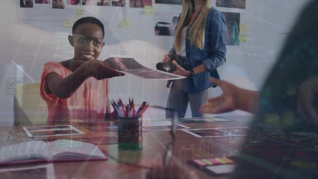 Animation of data processing over diverse business people in office