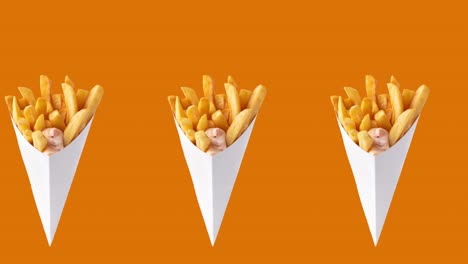 one row of crisp deep-fried golden potato chips, french fries and sauce on orange background. concept of fast food for advertising, copy space. seamless looping pattern animation