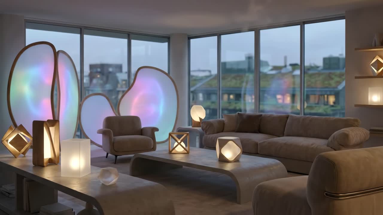 Soggiorno moderno con illuminazione ambientale e vista sulla città al tramonto