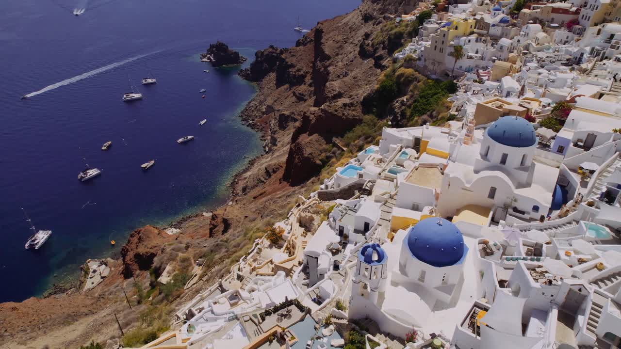 Santorini Island Coastal Town with Blue Domes and Aegean Sea