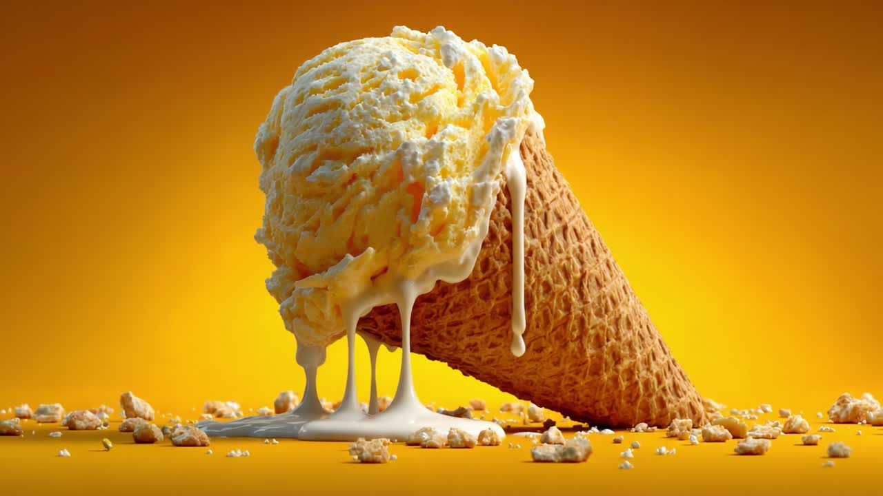 Eine köstlich schmelzende Eiswaffel mit cremig-gelbem Aroma und einem knusprigen Boden vor einem leuchtend orangefarbenen Hintergrund, die die Sinne fesselt