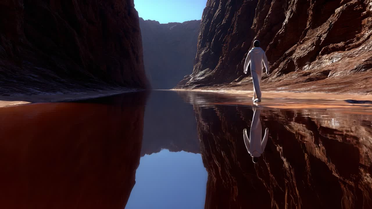 A solitary figure in a reflective landscape, standing beside a calm river surrounded by towering canyon walls, embodies the essence of exploration and introspection in a breathtaking natural setting