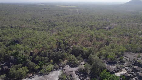 tropical vegetation surrounding granite gorge nature park in north queensland, australia - aerial drone shot