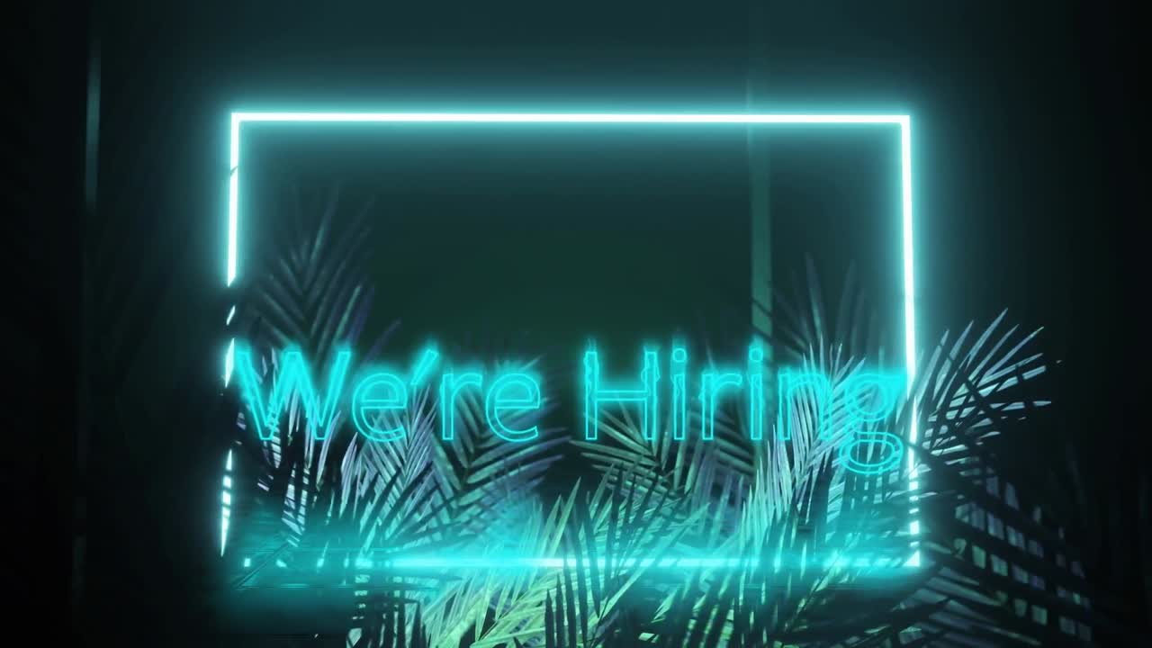 Animation of we're hiring text and frame in blue neon, with palm leaves on black background