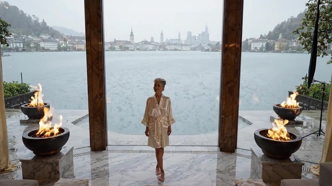 Donna elegante in vestaglia di seta a bordo acqua, circondata da fuoco e moda, che cattura un momento sereno di lusso e stile in un'atmosfera accogliente e naturale.