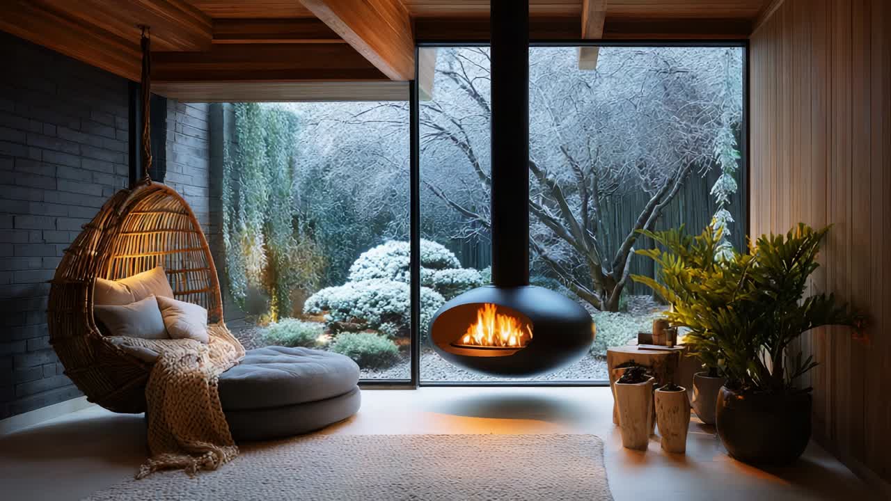 A Serene Cozy Space Featuring a Modern Hanging Fireplace, Comfortable Couch, and Delightful Indoor Plants, Overlooking a Beautiful Frosty Garden Nature Scene Through Expansive Glass Windows