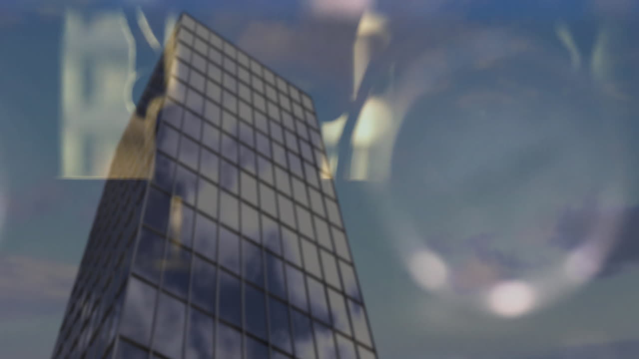Reflective windows on skyscraper with clock and gears animation in background
