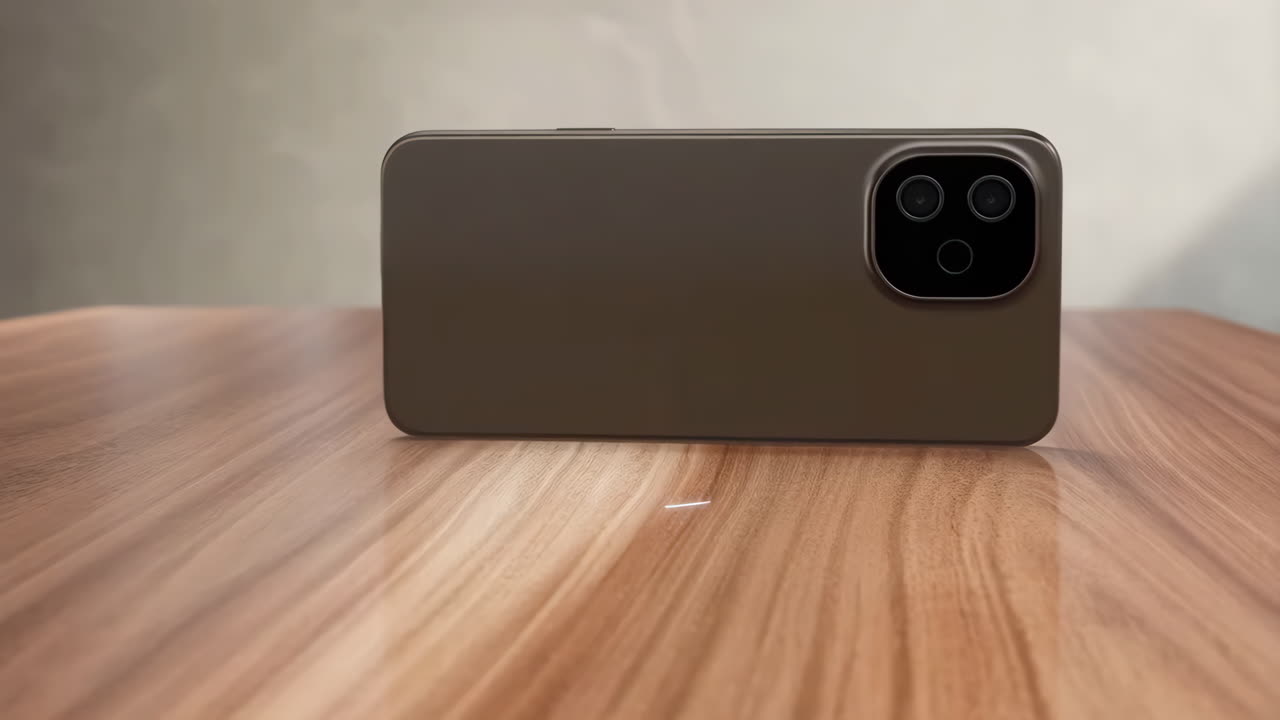 A smartphone with a triple camera system resting on a wooden table