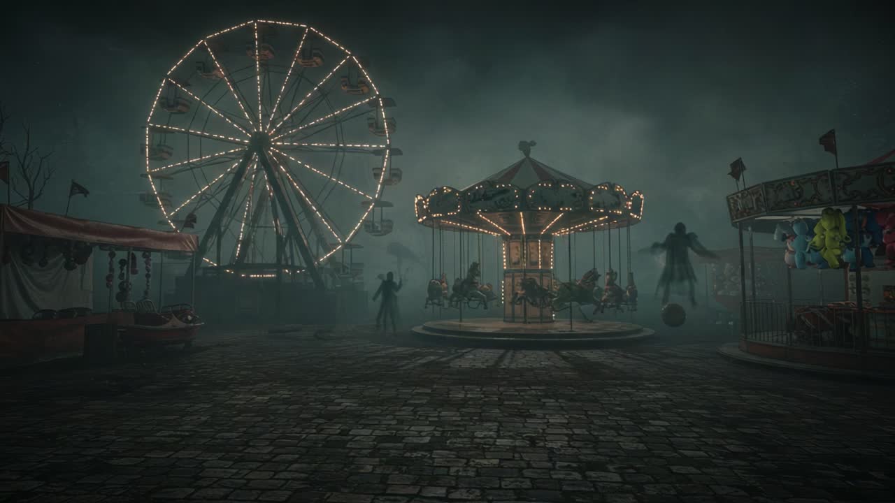 Mysterious Abandoned Carnival: Enigmatic Nighttime Scene Featuring a Ferris Wheel and Carousel Surrounded by Fog and Shadows