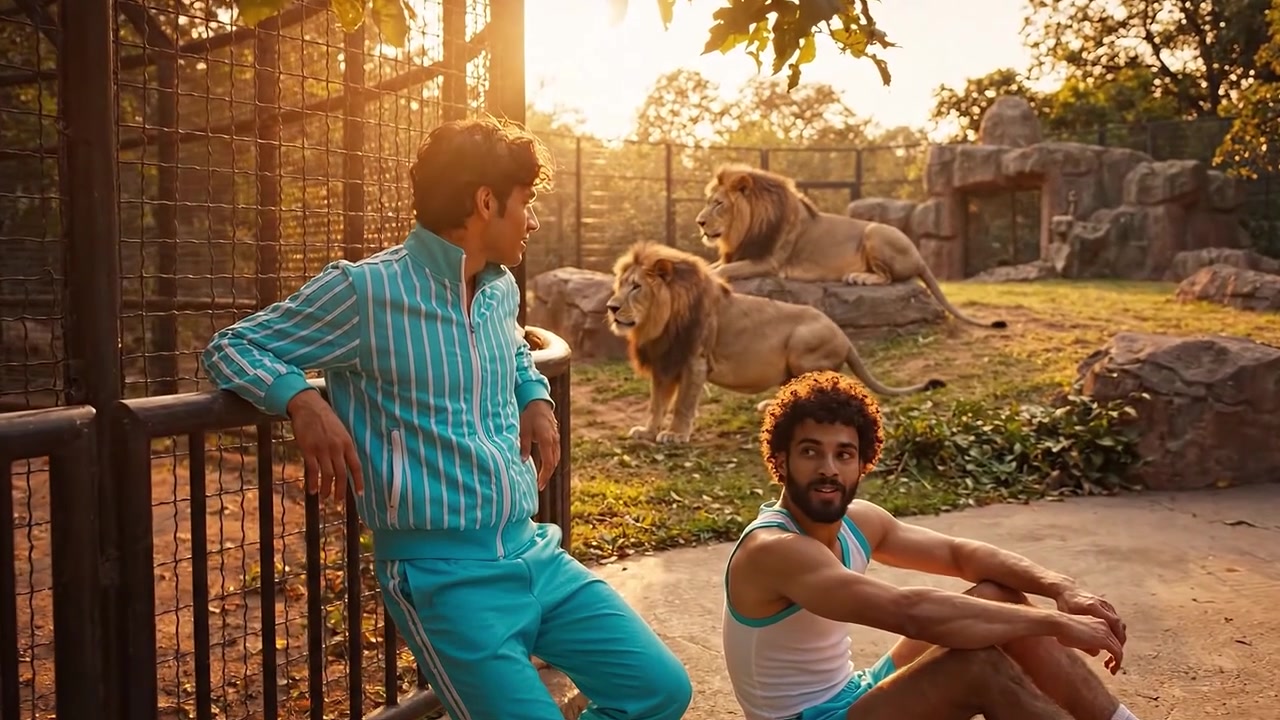 Dois amigos desfrutam de um pôr do sol dourado em um zoológico, sentados perto de um recinto de leões, exibindo uma atmosfera vibrante e camaradagem divertida em um ambiente tranquilo.