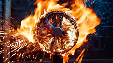 un ventilador que está en llamas en el medio de una habitación