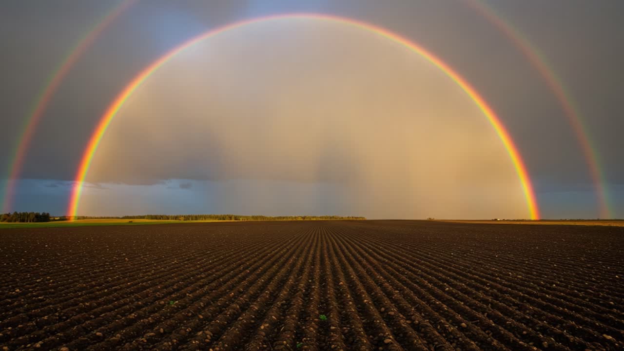 A Stunning Double Rainbow Arches Over a Serene Agricultural Landscape, Illuminating the Rows of Richly Cultivated Soil Under a Dramatic Sky Full of Colors and Light