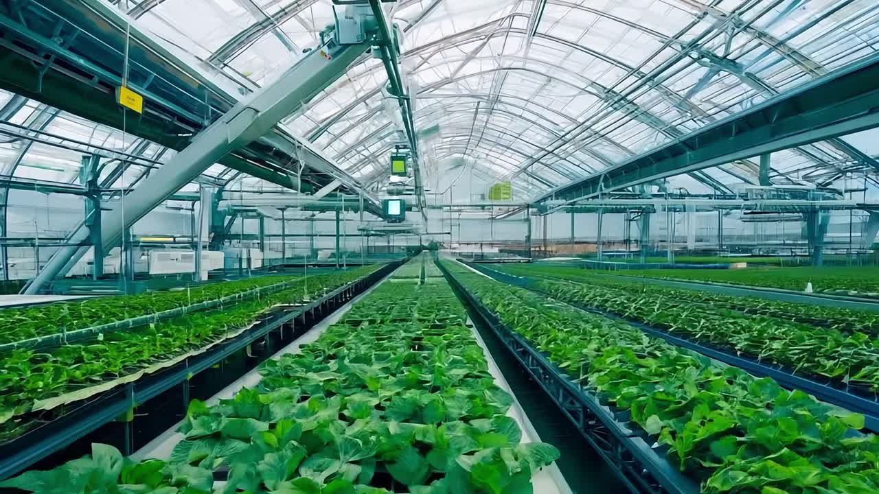 내부 에 초록색 식물 들 이 줄지어 있는 현대적 인 온실