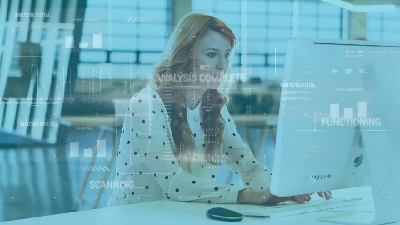 Animation of financial data processing over businesswoman working in office