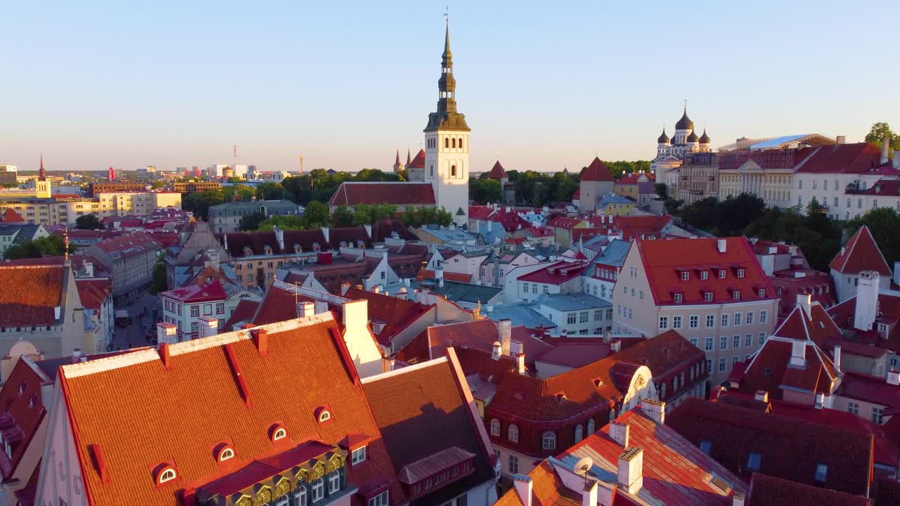 Tallinn city oldtown on sunny day, aerial drone view