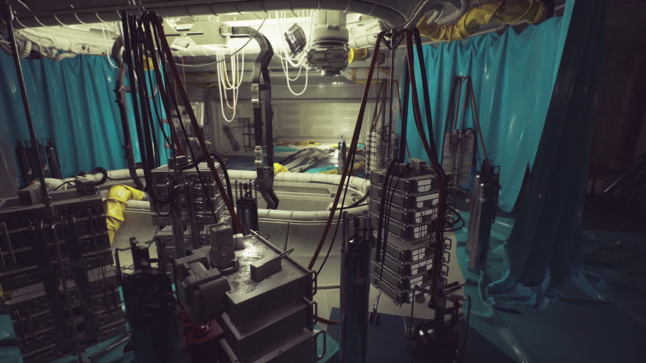 Entorno de poca luz en laboratorio de investigación energética durante el turno de noche