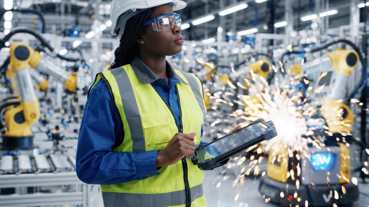A focused worker in safety gear analyzes data on a tablet amidst an advanced robotics manufacturing facility, showcasing technology and teamwork in a modern industrial environment.