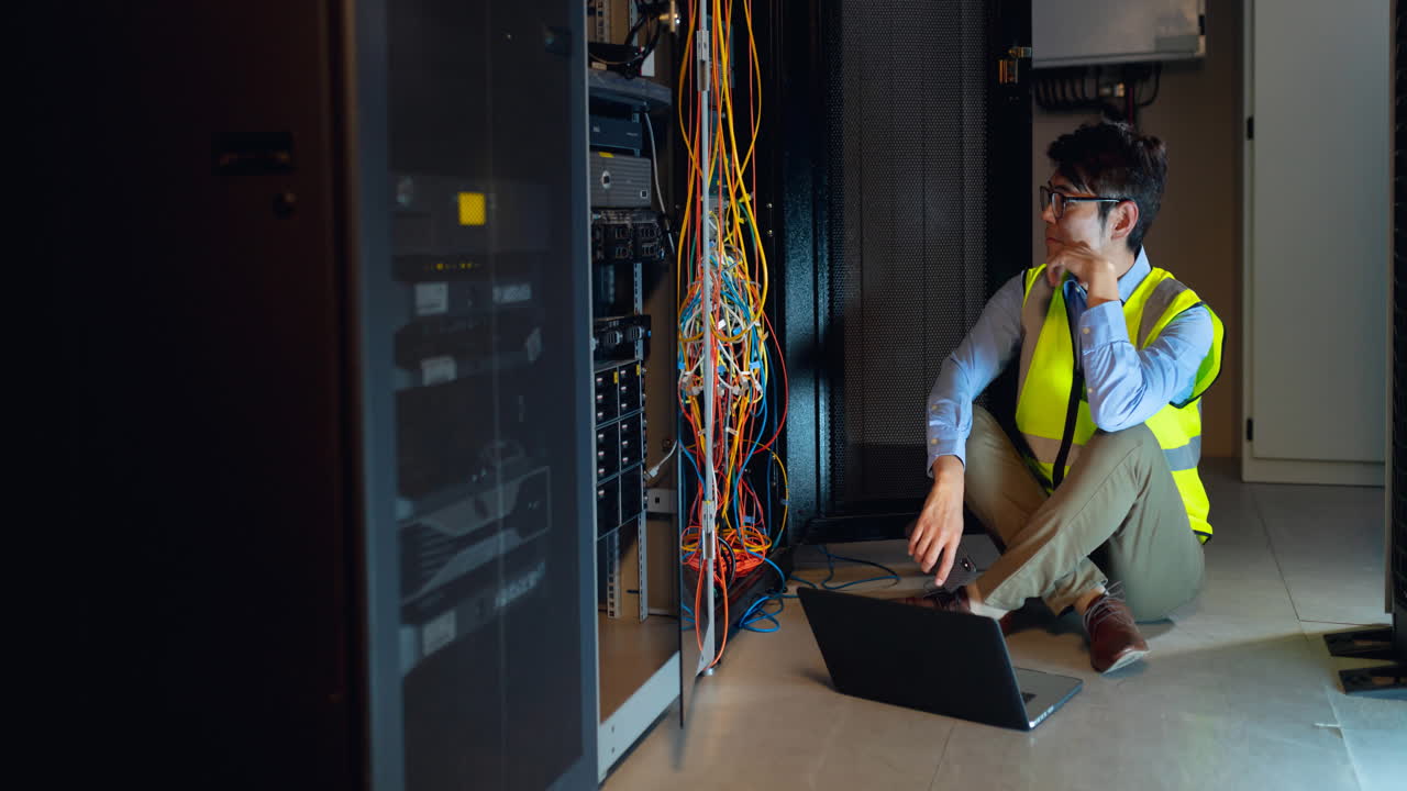 video de un ingeniero de ti asiático usando un portátil comprobando el servidor de la computadora