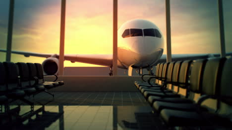 Animation-of-modern-airport-terminal-with-black-leather-seats-and-a-huge-viewing-glass-facade.-Beyond-the-window-you-can-see-an-airplane-waiting-for-being-loaded-and-start-the-international-flight.-HD