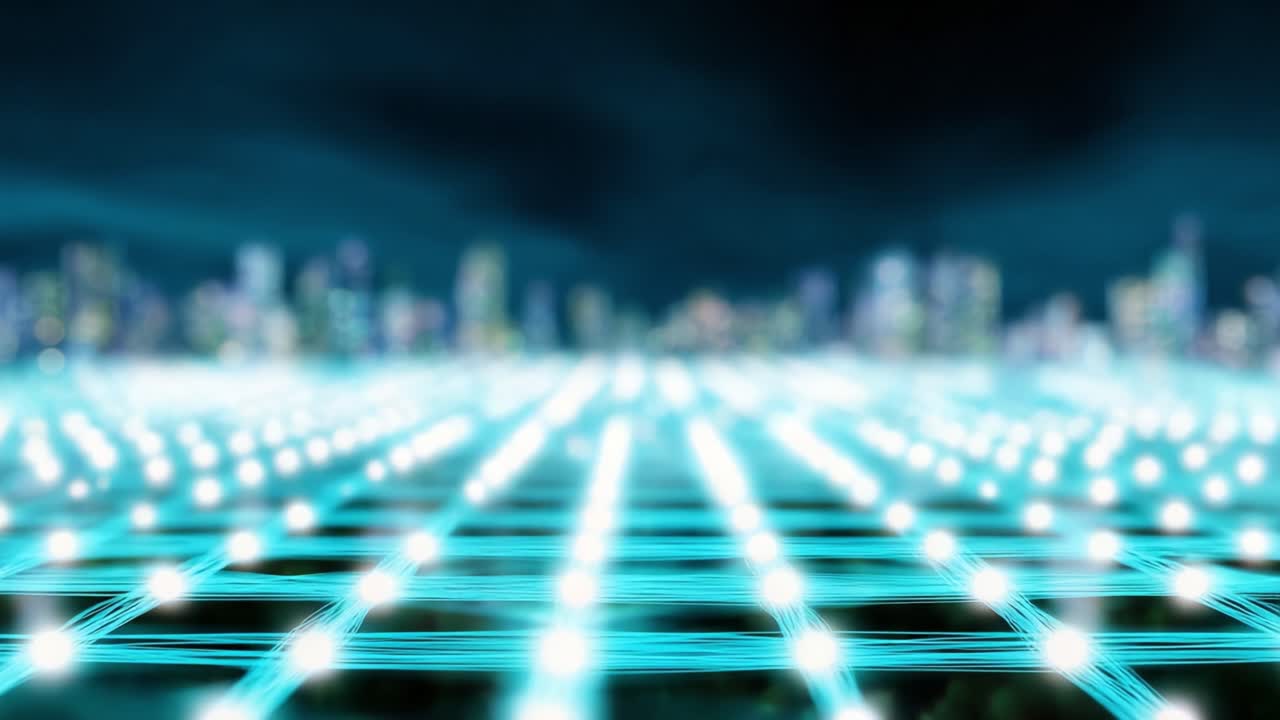 Futuristic Grid Pattern Illuminated by Neon Lights with a Vibrant Cityscape in the Background Highlighting Urban Technology and Innovation at Night