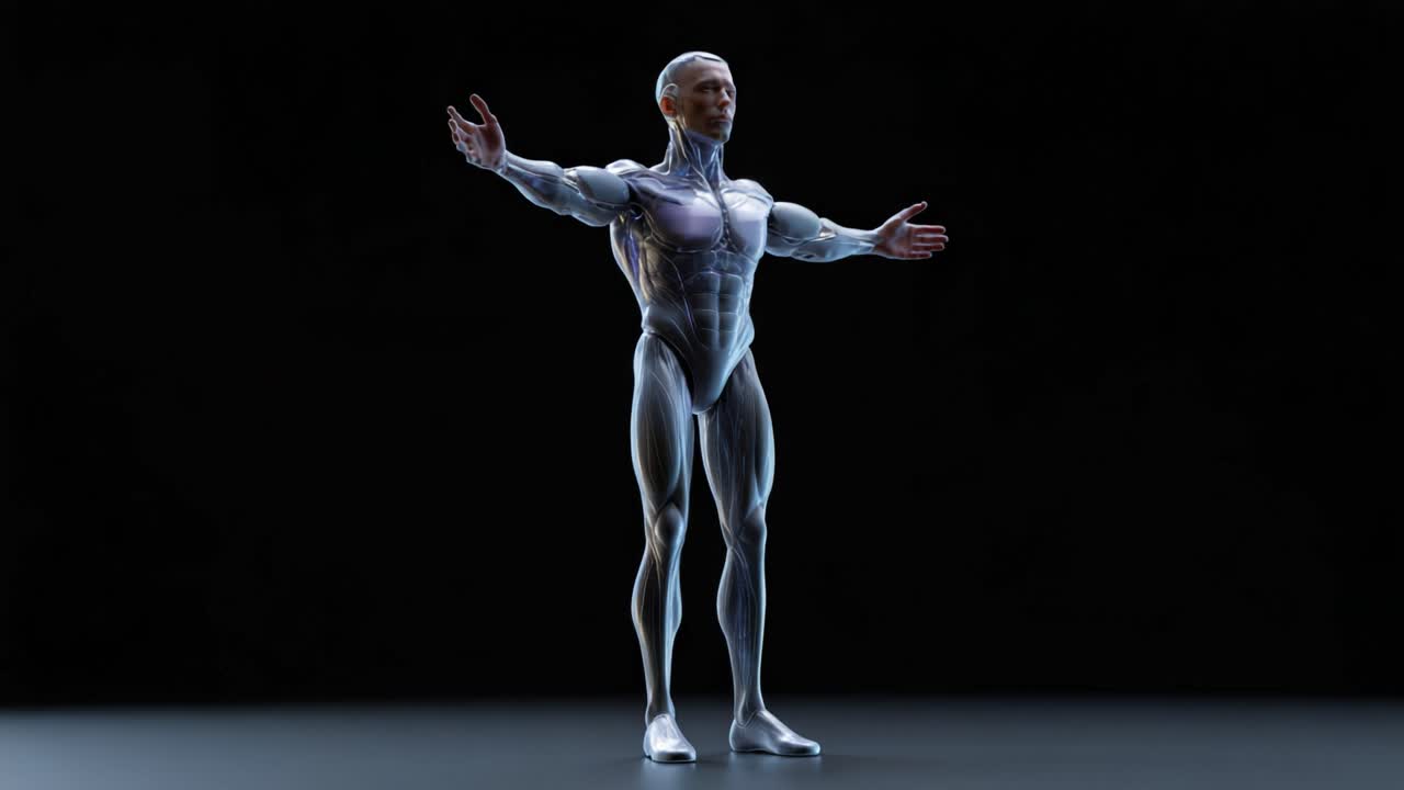 Una figura di robot umanoide futuristico si erge con sicurezza a braccia aperte, mostrando una fusione di tecnologia avanzata e caratteristiche simili a quelle umane in un'ambientazione scura e drammatica