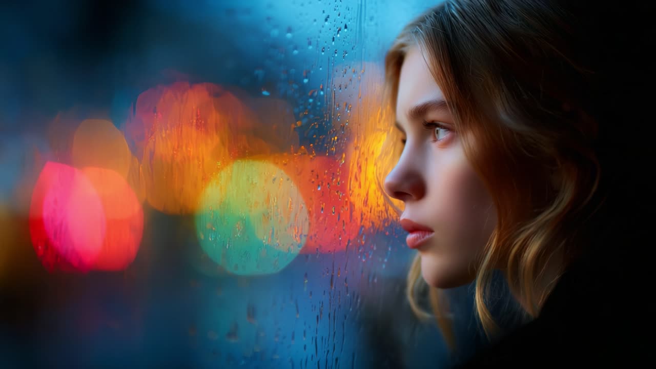 A Reflective Moment: A Young Woman Stares Thoughtfully Through a Rainy Window, Capturing the Colors and Emotions of a City Framed by Raindrops During a Moody Evening