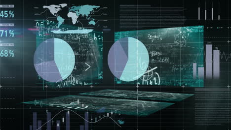 animación del procesamiento de estadísticas y datos financieros en pantallas sobre el mapa del mundo