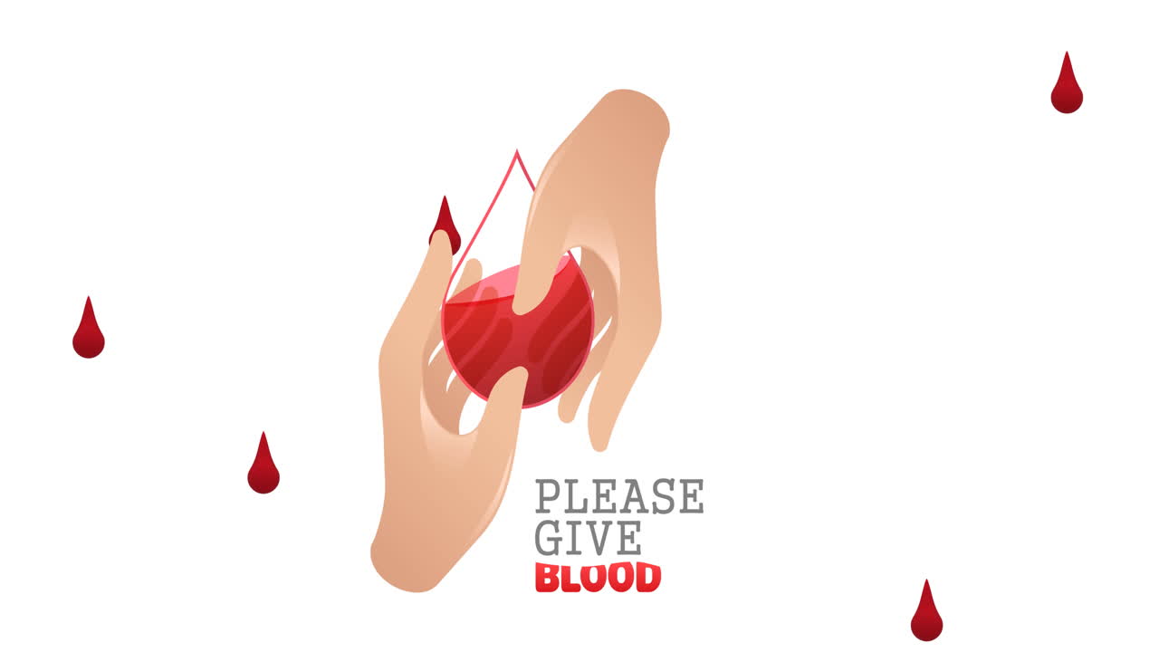 Animation of please give blood text and blood drops falling over white background