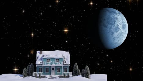 Animation-Einer-Winterlichen-Weihnachtslandschaft-Mit-Haus,-Sternen-Und-Mond