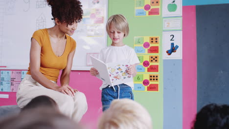 male pupil in elementary school classroom reading book to class with teacher