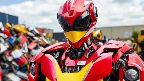 a red and yellow motorcycle with a helmet on it's head