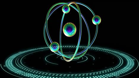 Animation-of-atom-model-spinning-and-data-processing-on-black-background