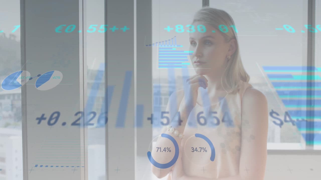 animación de múltiples gráficos, tablero de negociación, mujer caucásica pensativa mirando a través de una ventana de vidrio