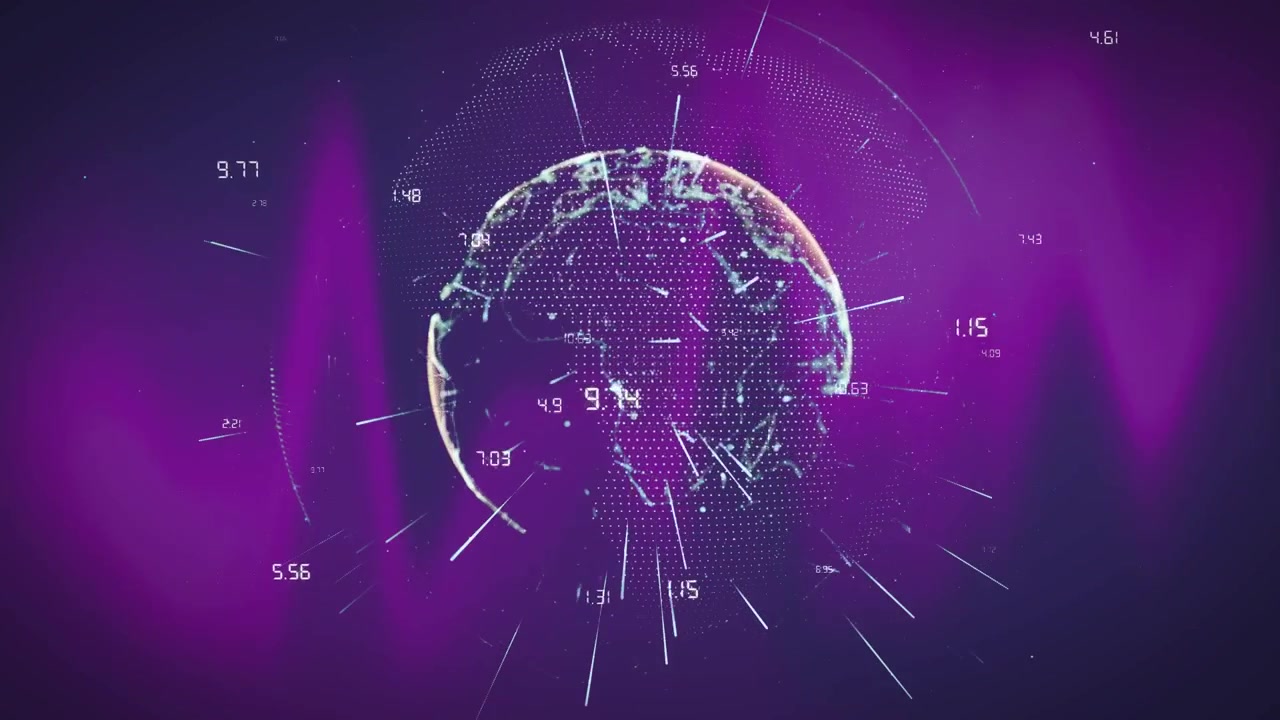 Animazione di numeri, linee e punti attorno al globo su uno sfondo con motivo astratto