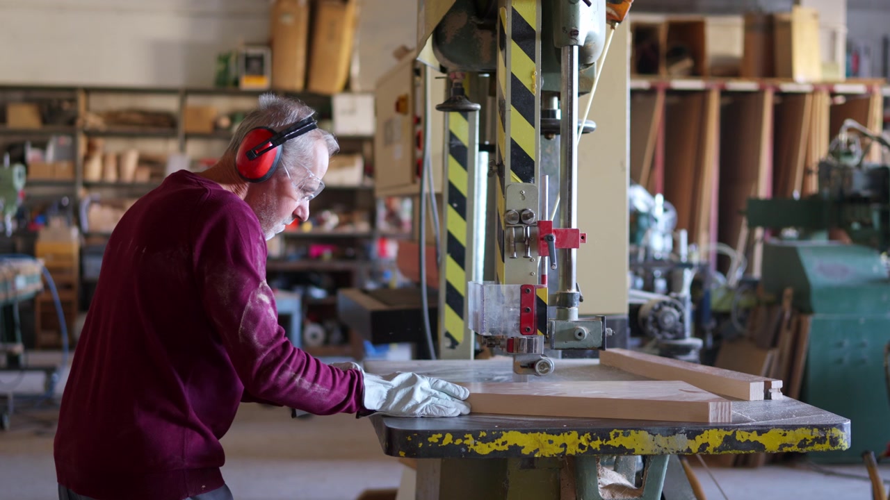 Falegname professionista che taglia il legno con una sega a nastro