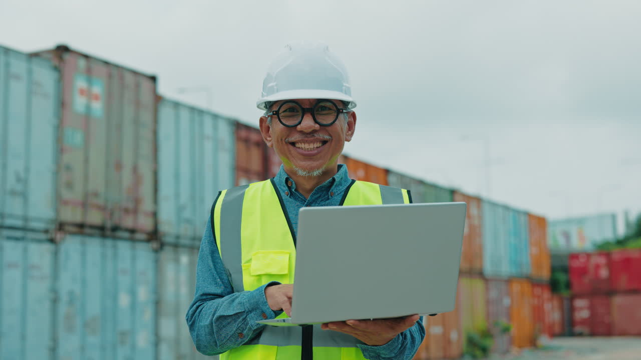 Engineer Working on a Laptop at a Port