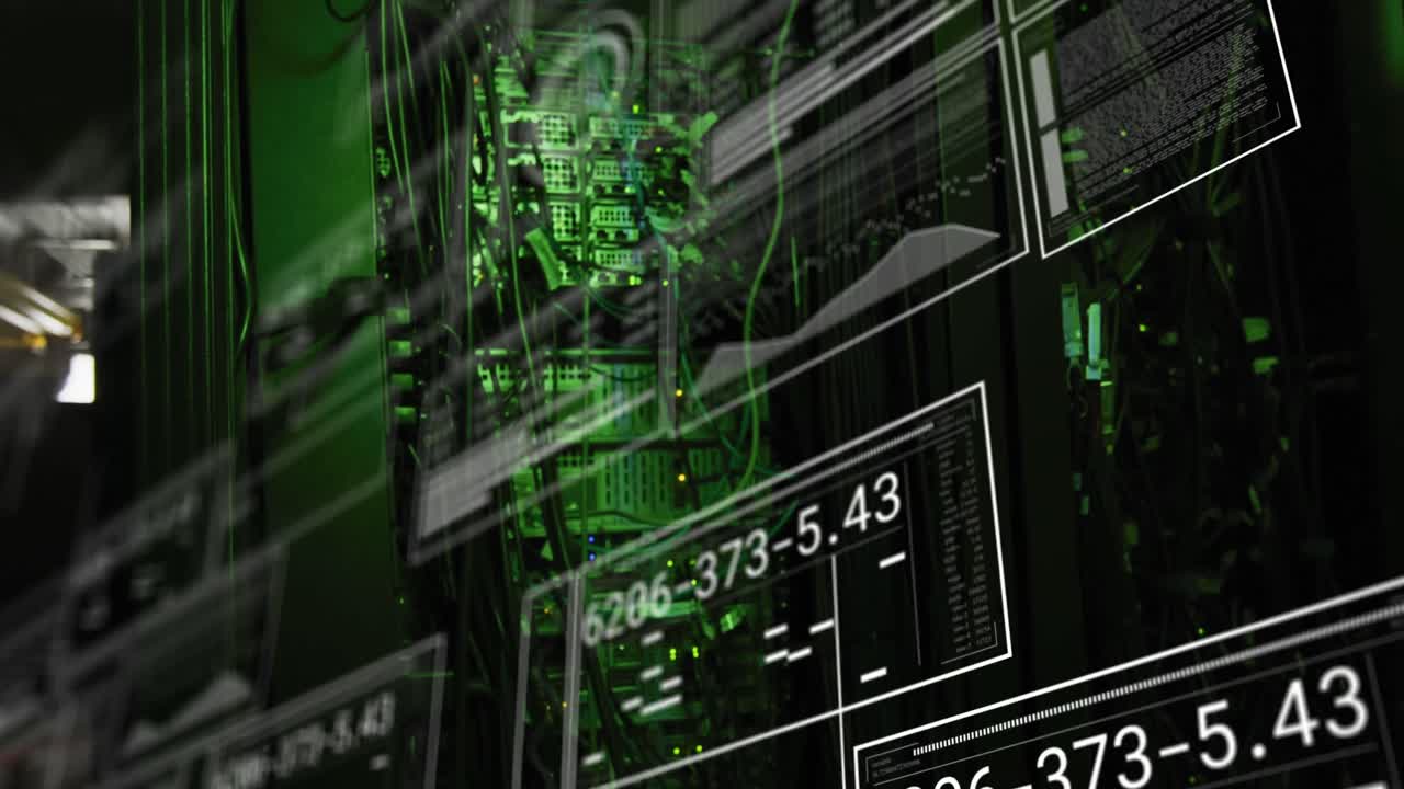 Digital animation of multiple digital icons floating against data processing on black background