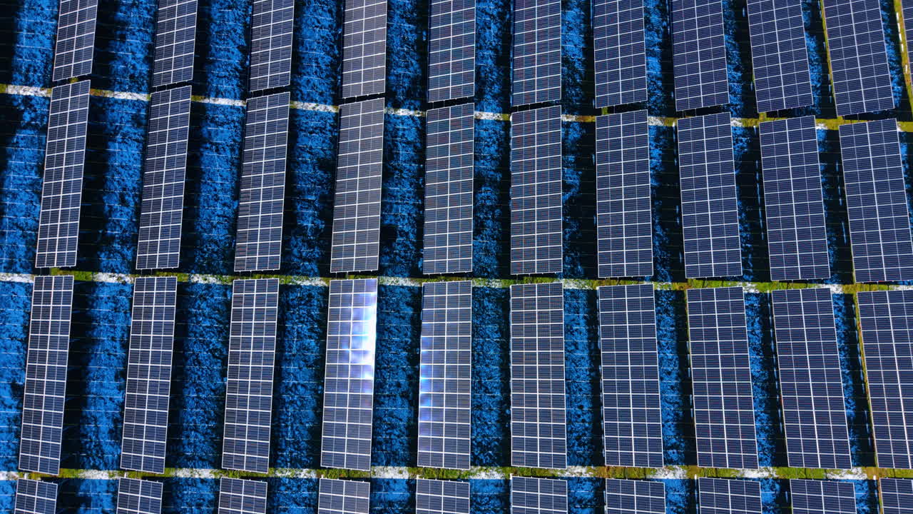 Vista dall'alto simmetrica di pannelli fotovoltaici su sfondo blu. Ripresa zenitale di file di celle fotovoltaiche con spaziatura uniforme e bagliore del sole.