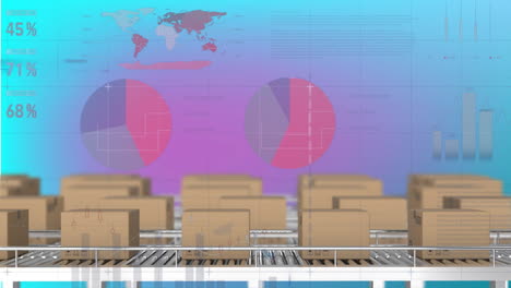 animación del procesamiento de datos estadísticos sobre cajas de entrega en cinta transportadora sobre fondo púrpura